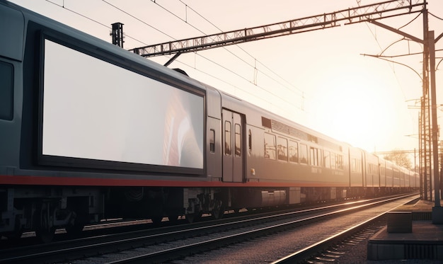 Un tren con un gran cartel blanco en las vías.