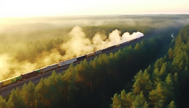 Foto un tren con humo saliendo de él está pasando por un bosque