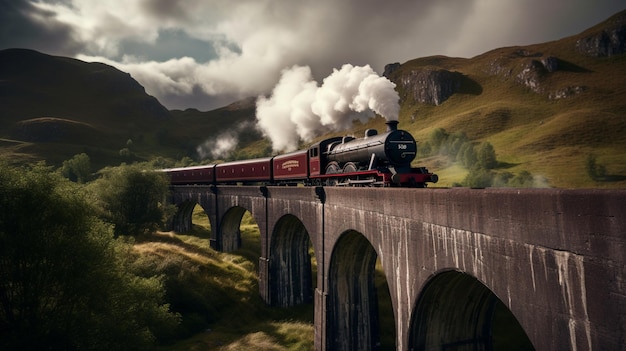 Tren iluminado em curso ponte brilhante bela foto Ai gerado arte