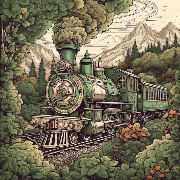 Tren inspirado en Steampunk que viaja ai generativo