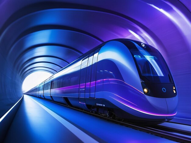 Un tren inteligente futurista viaja rápido en un túnel de azul y púrpura