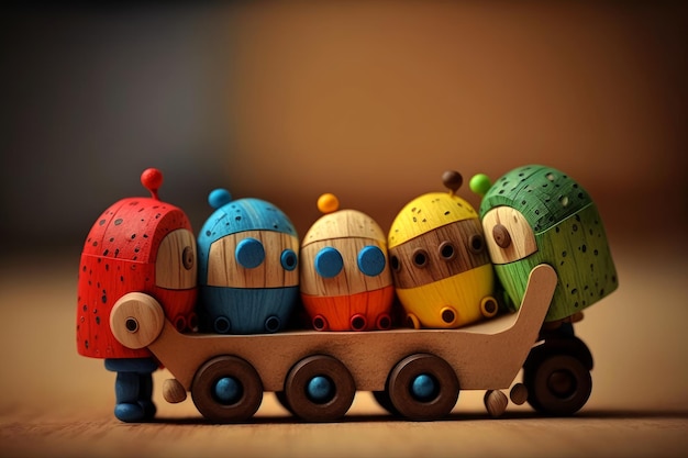 Un tren de juguete con figuras de madera de colores en el frente y un tren de juguete rojo y azul con el número 3 en el frente.