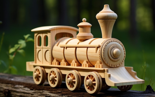 Foto tren de juguete de madera artesanal para niños diseñado para sonreír