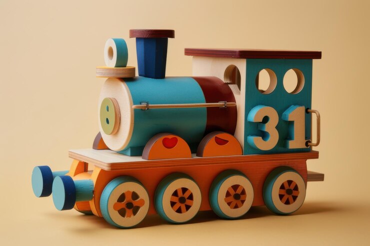 Tren de juguete de madera con bloques numerados de colores sobre un fondo amarillo ideal para actividades educativas y lúdicas