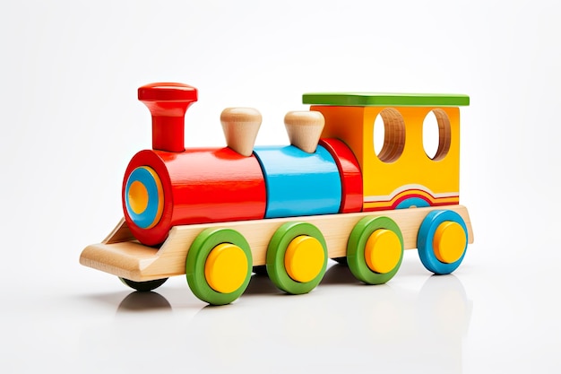 Foto tren de juguete de madera de colores aislado sobre fondo blanco.