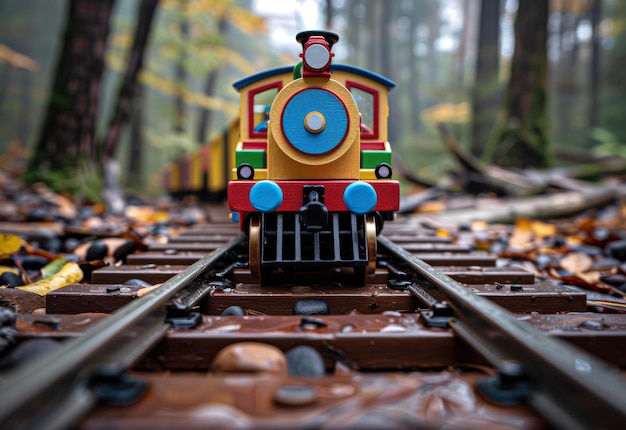 Tren de juguete moviéndose por el bosque