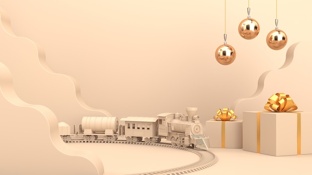 Tren de juguete de Navidad y regalos en colores beige.