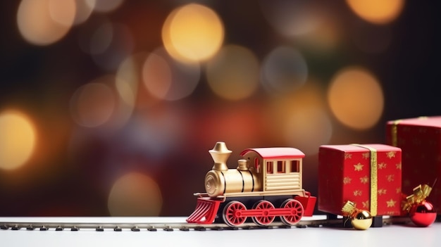 Tren de juguete rojo y mini caja de regalo de estudio filmado bokeh invierno bandera de Navidad IA generativa