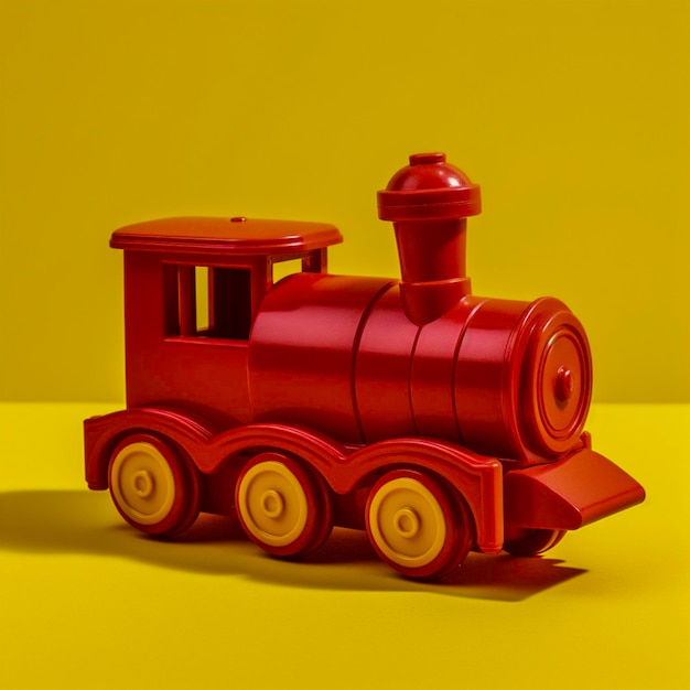 Un tren de juguete rojo sobre un fondo amarillo.