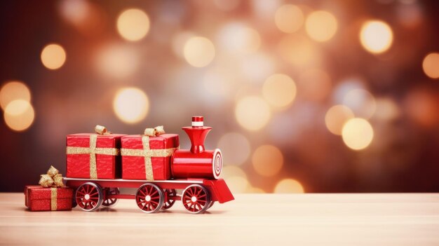 Tren de juguetes rojo y mini caja de regalos de estudio filmado bokeh invierno pancarta de Navidad IA generativa