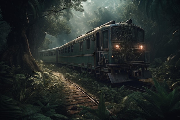 Un tren en la jungla con las luces encendidas