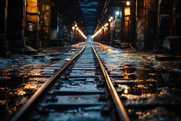 Tren ligero emerge en un túnel ferroviario oscuro generativa IA