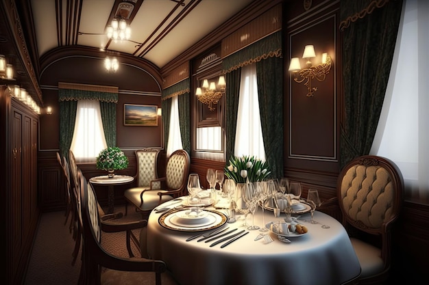 Tren de lujo con gran comedor y elegantes mesas listas para la cena