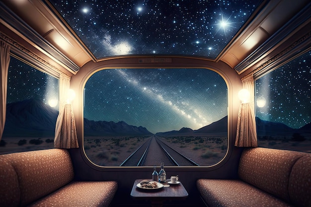 Tren de lujo con vista a las estrellas del cielo nocturno brillando