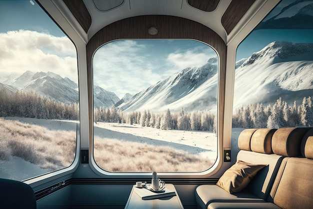 Tren de lujo con vistas a las montañas nevadas durante la temporada de invierno