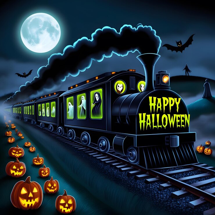 un tren con una luna llena y calabazas en la parte superior