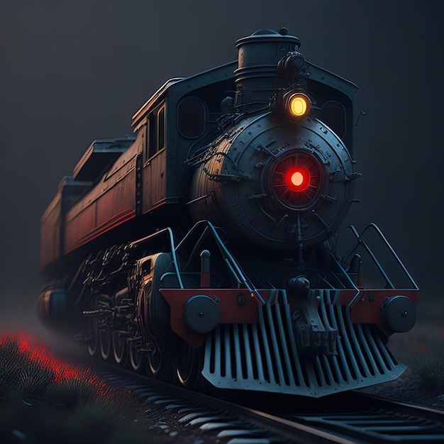 Un tren con una luz roja está sobre un fondo oscuro.