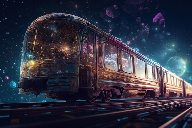Tren mágico surrealista en el espacio astral Viaje en tren mágico con buen aura