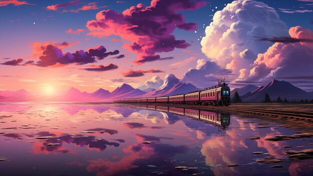 Tren en el mar Reflexión en el agua con nubes rosadas