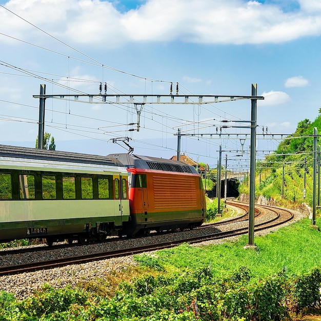 Tren en marcha en el ferrocarril, sendero de terrazas de viñedos de Lavaux, distrito de Lavaux-Oron, Suiza