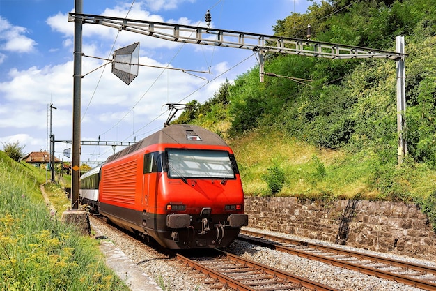 Tren en marcha en la ruta de senderismo Lavaux Vineyard Terraces, distrito de Lavaux-Oron en Suiza