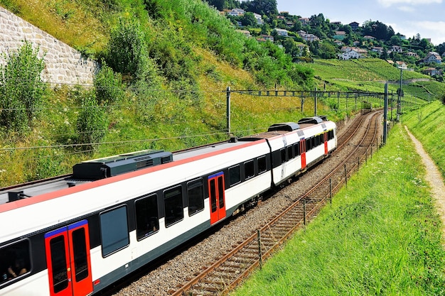 Tren en marcha en la ruta de senderismo Vineyard Terrace de Lavaux, distrito de Lavaux-Oron, Suiza