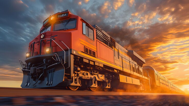 El tren de mercancías rojo atraviesa un paisaje de puesta de sol