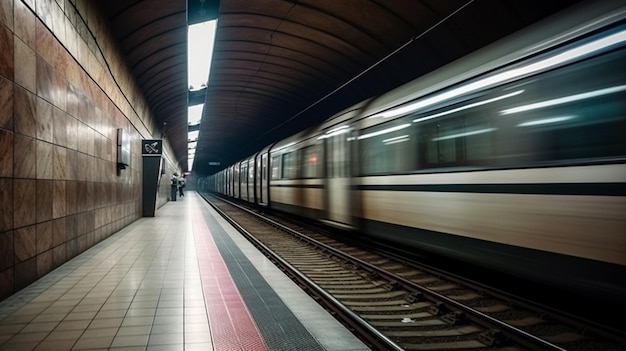 Tren de metro en la plataforma de la estación del túnel subterráneo del metro con efecto de desenfoque de movimiento