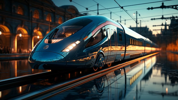Un tren moderno de alta velocidad viaja sobre rieles y entrega mercancías y personas por ferrocarril generado por IA