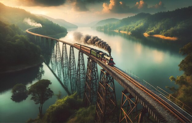 un tren moderno deslizándose a lo largo de una vía ferroviaria suspendida por encima de un lago