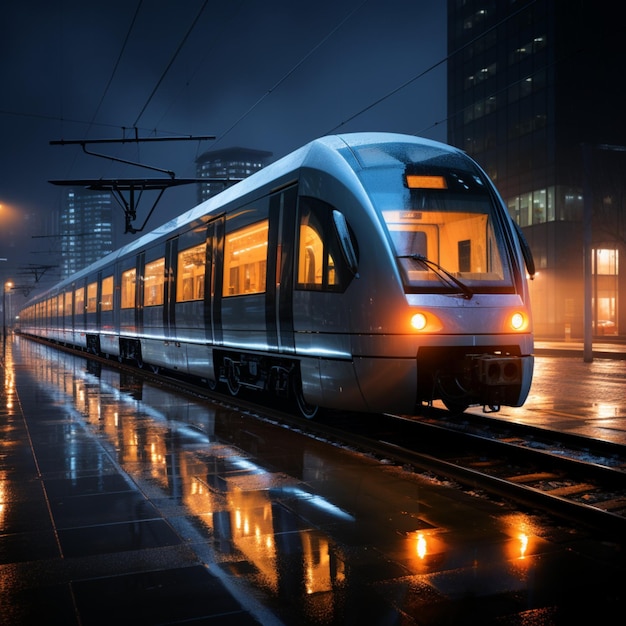 El tren moderno llega a la plataforma en la vista nocturna del panorama de la bulliciosa estación de tren Para Social Media Post