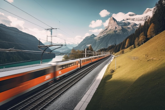 Tren moderno que pasa a toda velocidad por un pintoresco paisaje montañoso creado con ai generativo