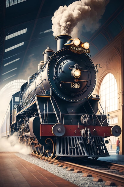 Foto tren de motor de vapor en la estación de tren con personas de pie junto a él ia generativa