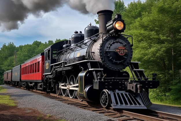 un tren con motor de vapor viajando por las vías del tren