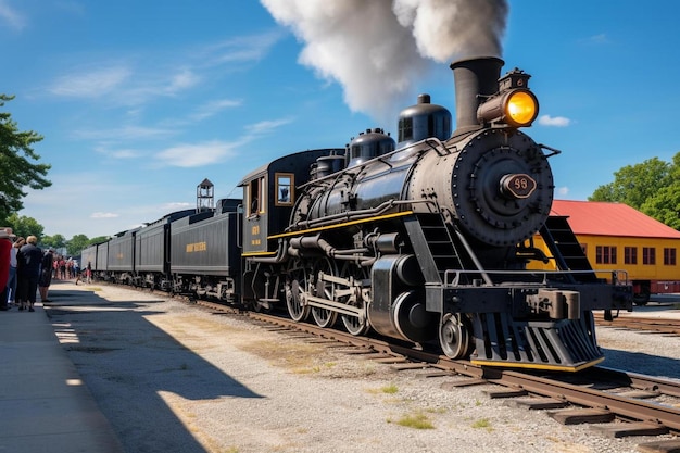 un tren con motor de vapor viajando por las vías del tren