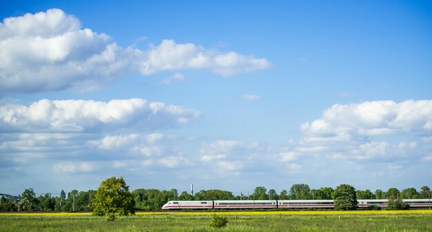 Foto tren moviéndose por el paisaje cubierto de hierba contra el cielo