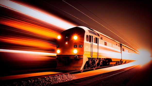 Tren en movimiento con luces borrosas ideal para fondos de transporte IA generativa