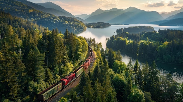 Un tren se mueve a través de un denso bosque verde con follaje vibrante a lo largo de su camino