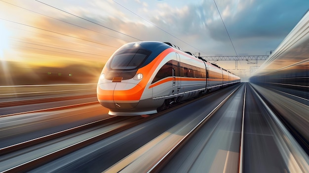 Tren naranja y gris a toda velocidad en las vías
