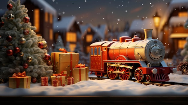 Tren de Navidad con árboles de Navidad y regalos
