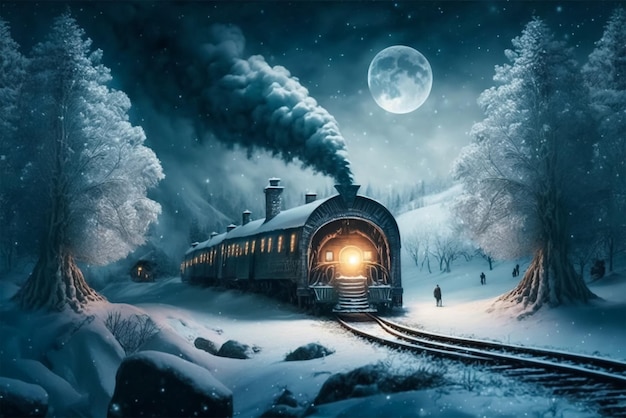 Un tren en la nieve con la luna de fondo