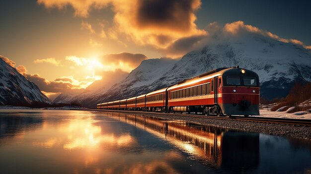 tren nocturno en el Círculo Polar Ártico Noruego bajo el sol de medianoche en el Cérculo Polar Polar Noruego