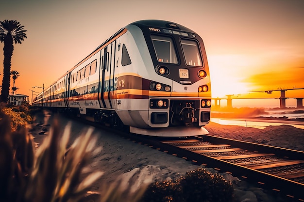 Un tren con el número 37 va a la playa al atardecer.