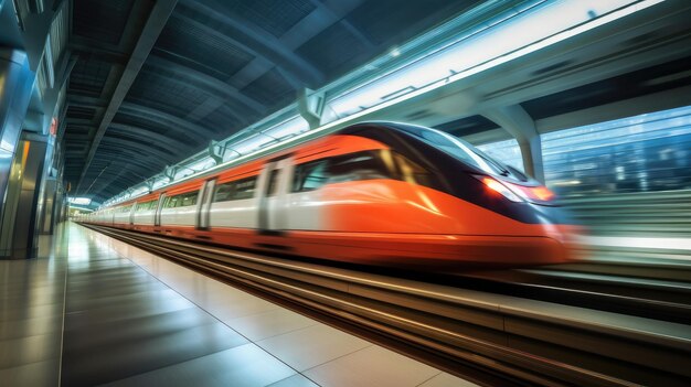 Un tren pasa por una estación por la que pasa un tren rojo.