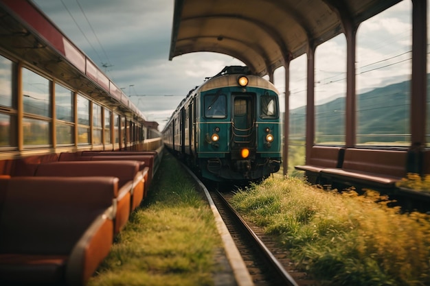 El tren pasa por la hierba.