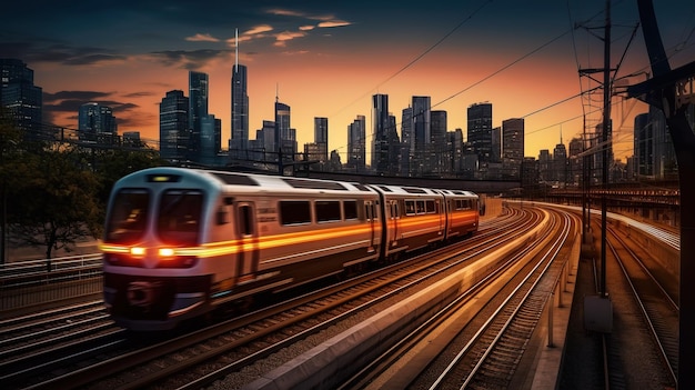 Un tren pasa por el horizonte de una ciudad con una ciudad al fondo.