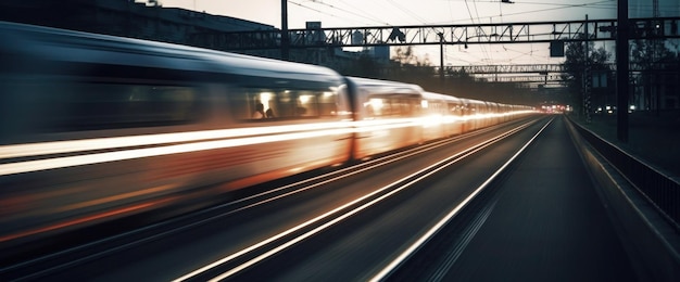 Un tren pasa por un puente con luces al costado.