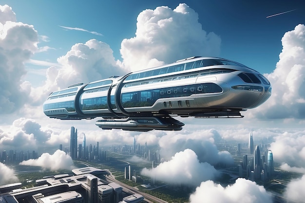 El tren de pasajeros futurista Skybound Transit en la ciudad de las nubes
