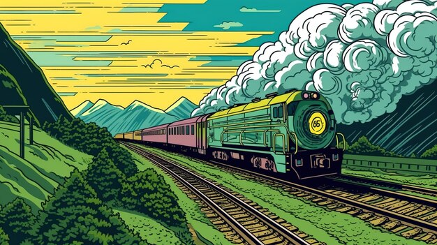 Tren de pasajeros pasando por un paisaje pintoresco Concepto de fantasía Pintura de ilustración