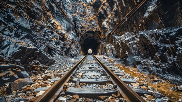 Foto un tren está pasando por un túnel en una cueva subterránea desapareciendo en la oscuridad a medida que viaja más hacia las profundidades